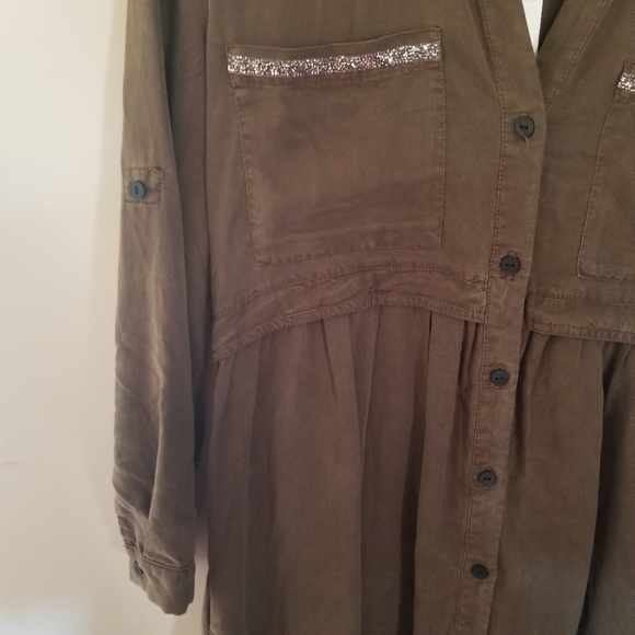 NWT Zara Green Tencel Long Sleeve Collared Military Midi Dress XS - Picture 7 of 8